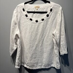 Choices Women's Linen Top White Bead Accents‎ 3/4 Sleeves Boho Coastal Sz 2XL